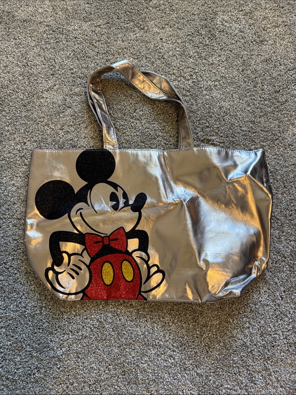 Disney Metallic Silver Mickey Tote with Black, Red and Yellow Accents